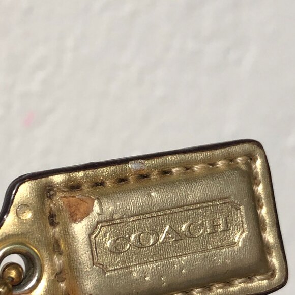 1.5" VINTAGE COACH Gold Metallic Leather Nickel Fob Bag Charm Keychain Hang Tag - Picture 4 of 5